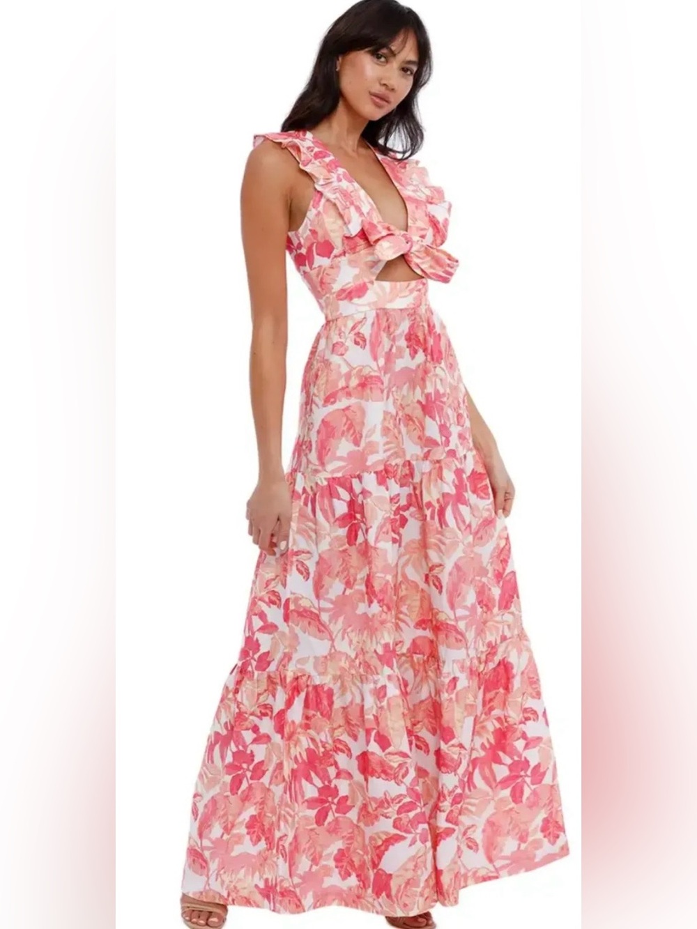 Rebecca Vallance Tropicale Maxi Dress US 8 Foral Pink Cut Out Ruffle Tiered Tie